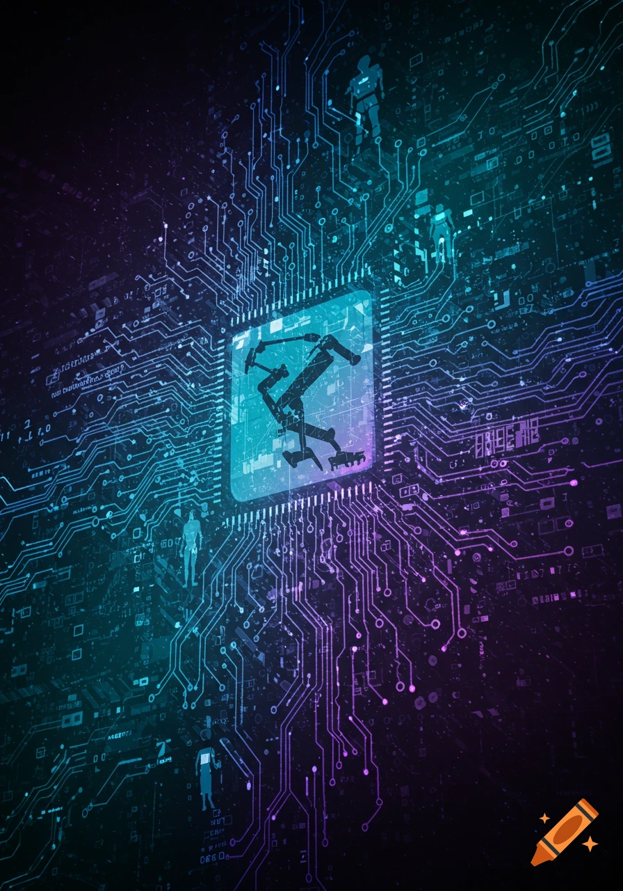 Futuristic circuit board with glowing blue/purple lines, a central microchip with a robotic arm, and abstract human figures.