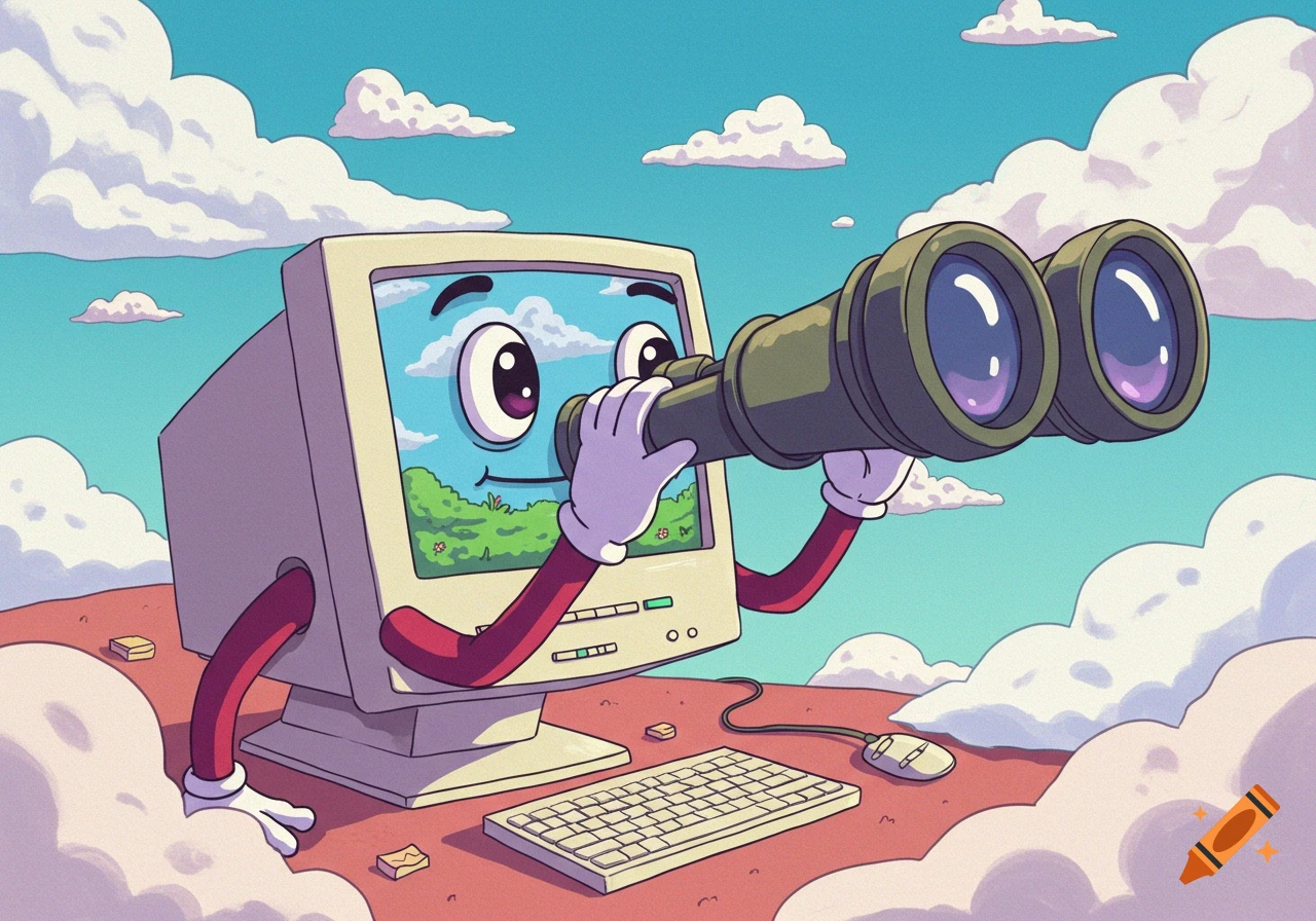 A whimsical cartoon computer monitor holding binoculars, looking at a landscape on its screen, with a keyboard and mouse.
