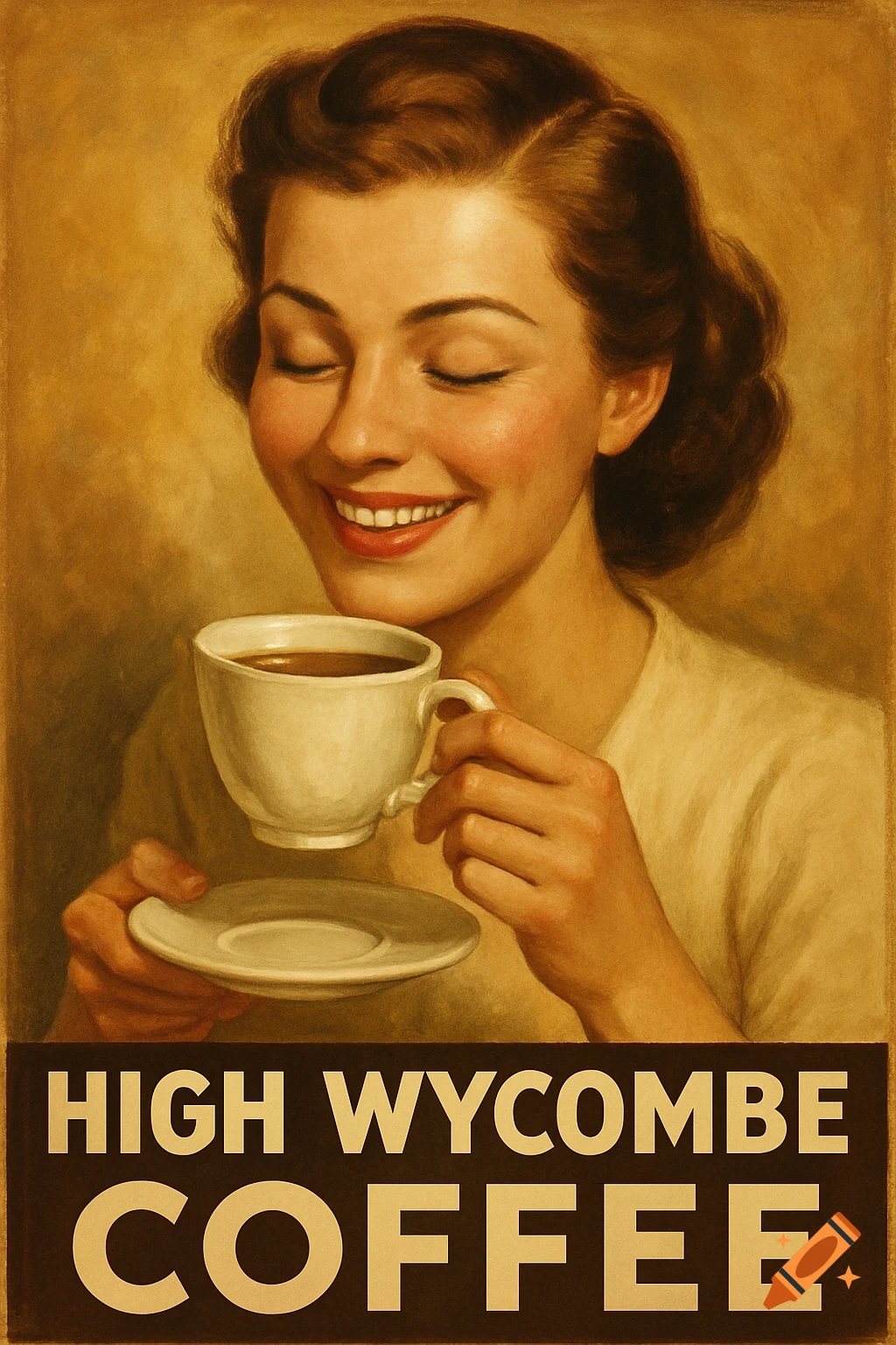 A smiling woman in a vintage-style coffee advertisement poster, holding a cup of coffee. Text says 'HIGH WYCOMBE COFFEE'.