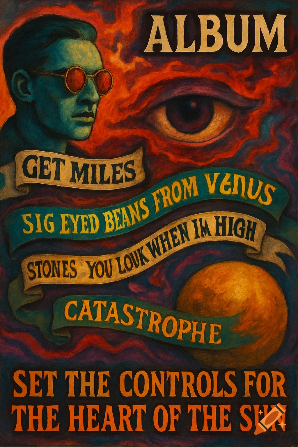 A psychedelic album cover featuring a man with red glasses and blue skin, a large eye, and an orange planet, surrounded by swirling colors and song titles on banners.