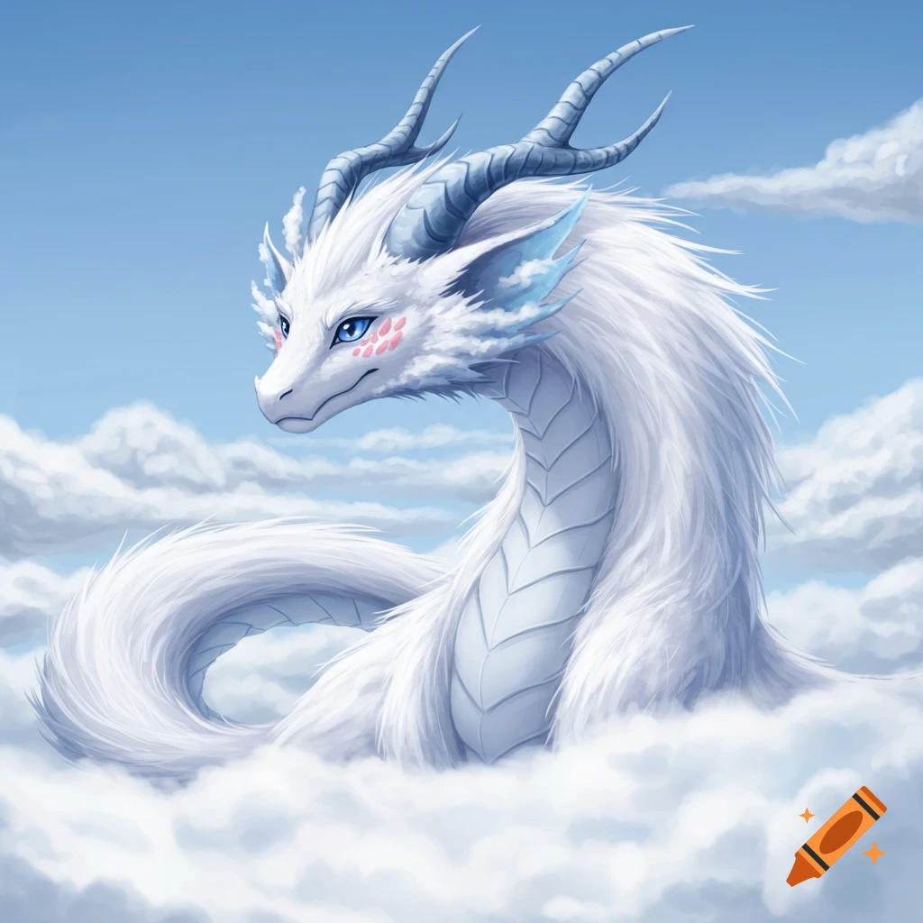A majestic white fluffy dragon with blue eyes and horns emerging from white clouds under a clear blue sky.