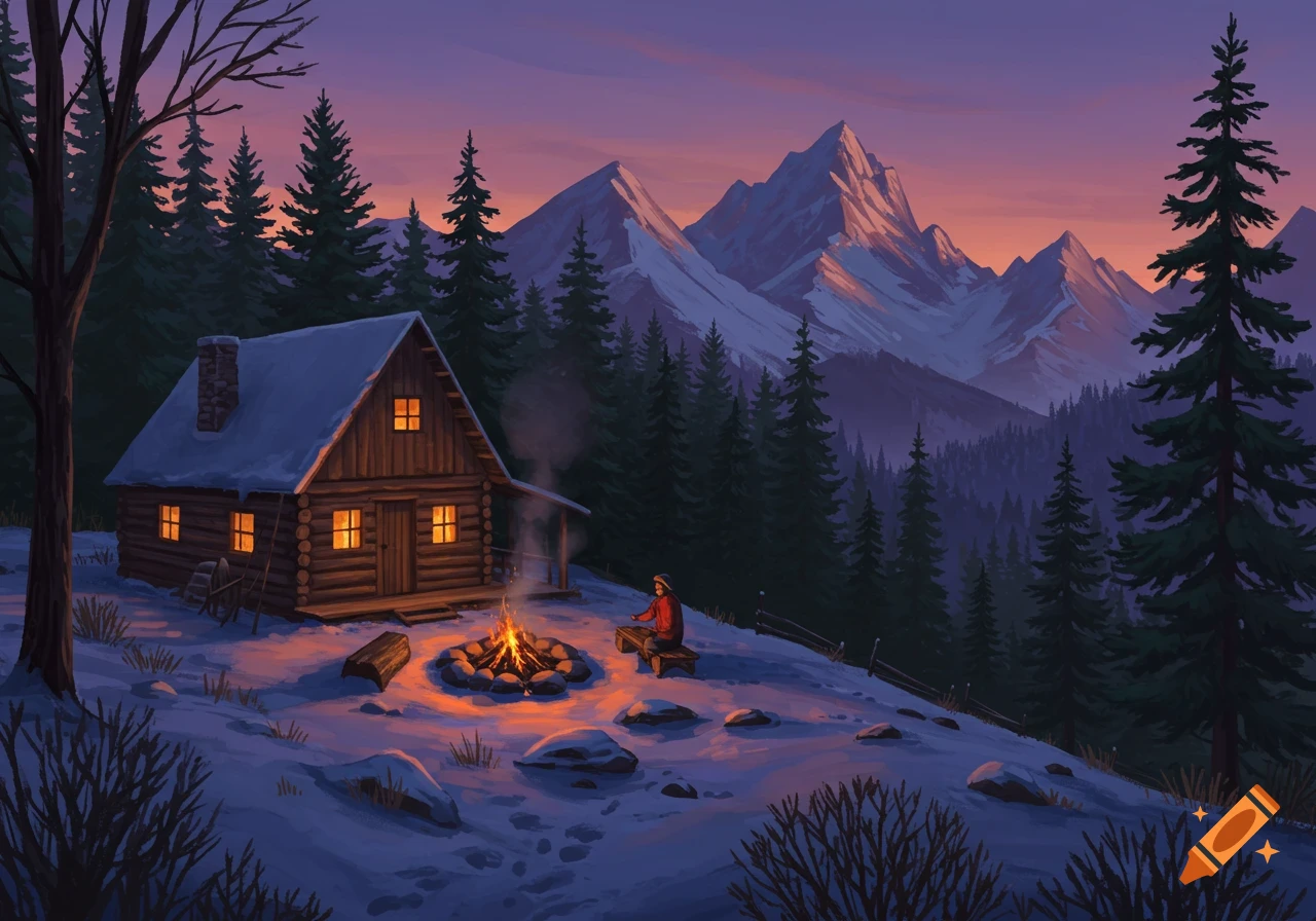 A cozy wooden cabin and a person by a campfire in a snowy mountain landscape at twilight.