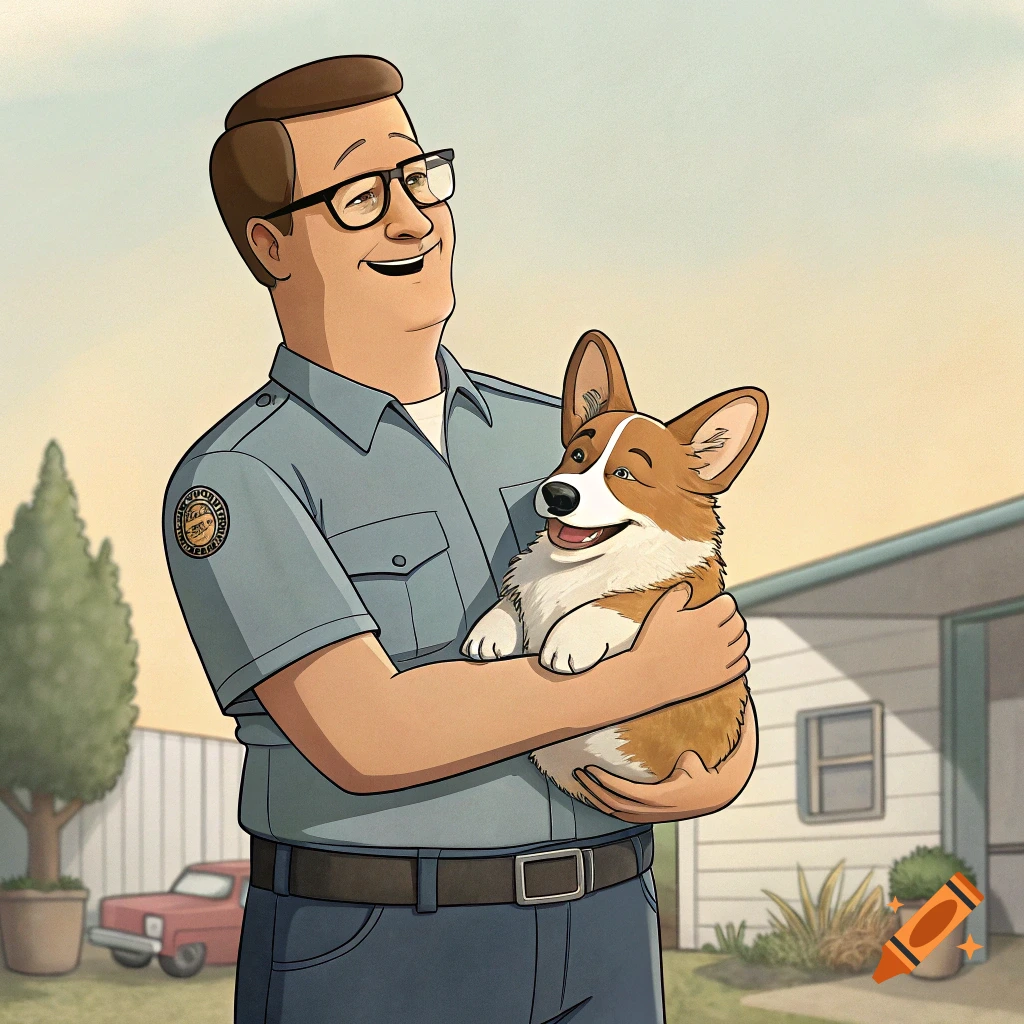 Animated character Hank Hill holding a corgi dog in a backyard setting, in the style of King of the Hill.