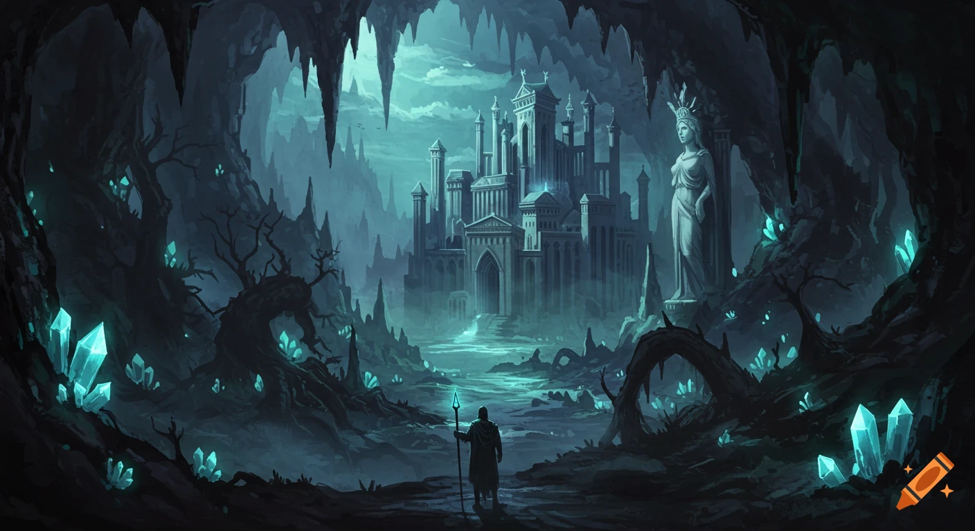 A lone figure stands in a dark fantasy cave landscape with glowing blue crystals, looking towards a large castle in the distance.