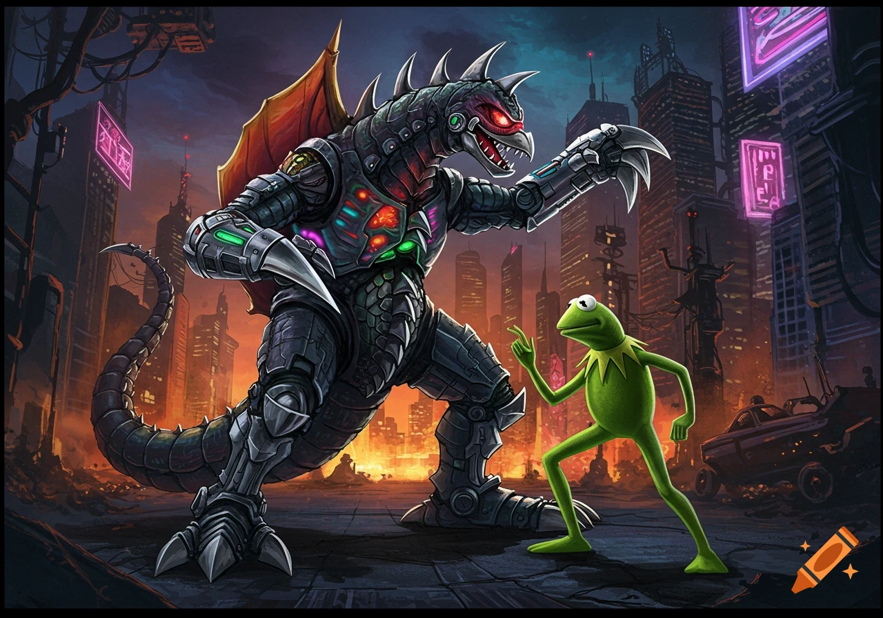 A giant robotic monster, Gigan, stands menacingly over Kermit the Frog in a destroyed, futuristic cityscape at dusk.