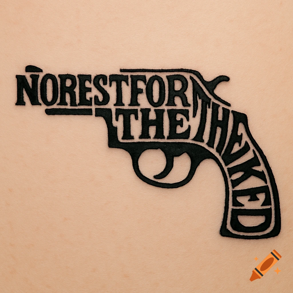 A black text-based tattoo on light skin, forming the shape of a revolver. The text reads 'NORESTFORTHEWICKED'.
