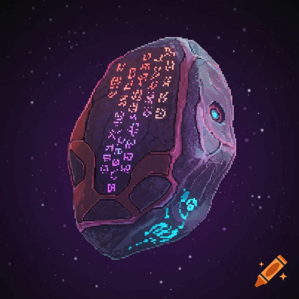 A pixel art knowledge stone with glowing orange and blue alien symbols, floating in a dark purple starry space.