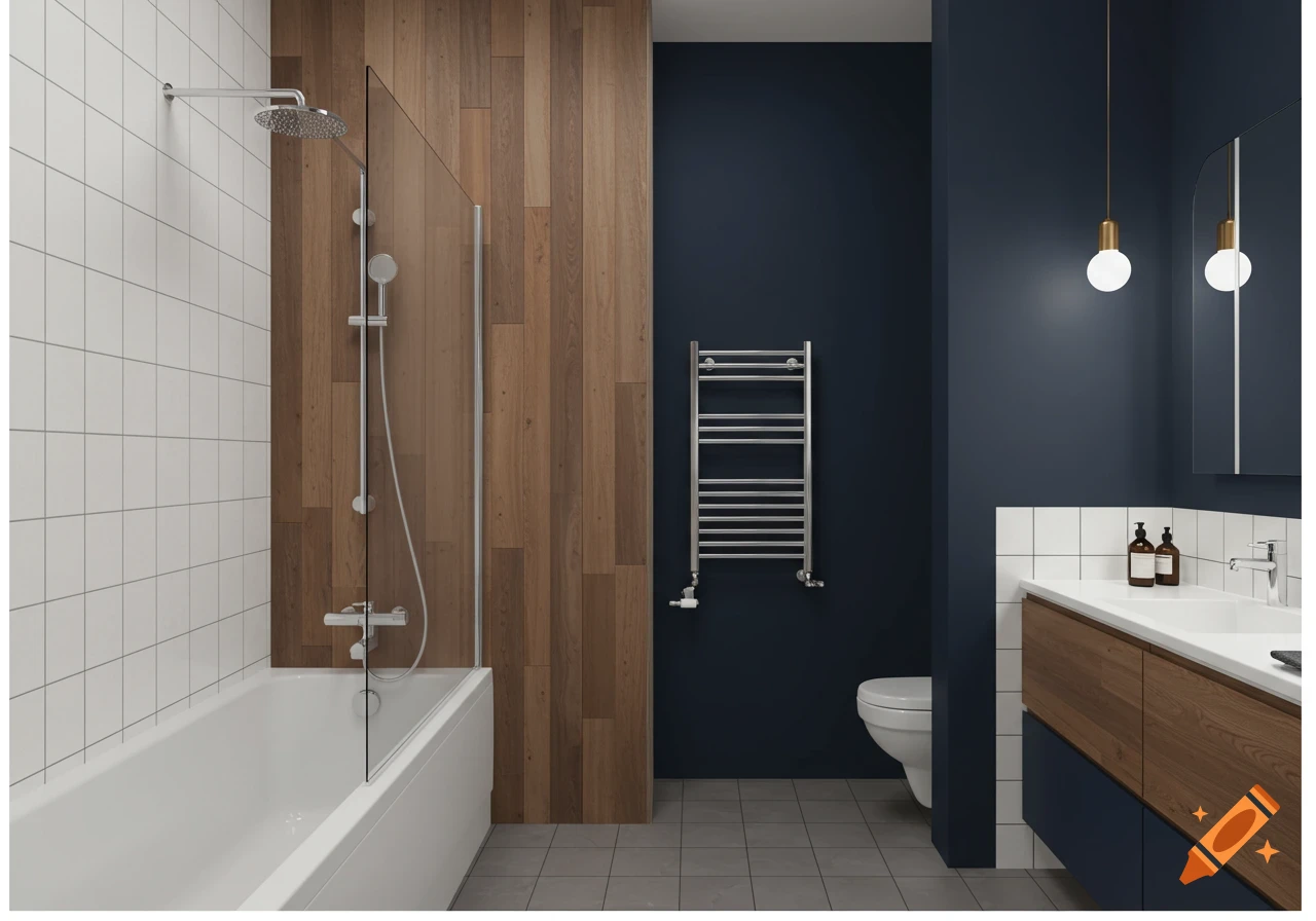 A modern bathroom featuring a white bathtub, a glass shower screen, a wooden accent wall, white tiled walls, and a navy blue wall with a sink vanity and toilet.