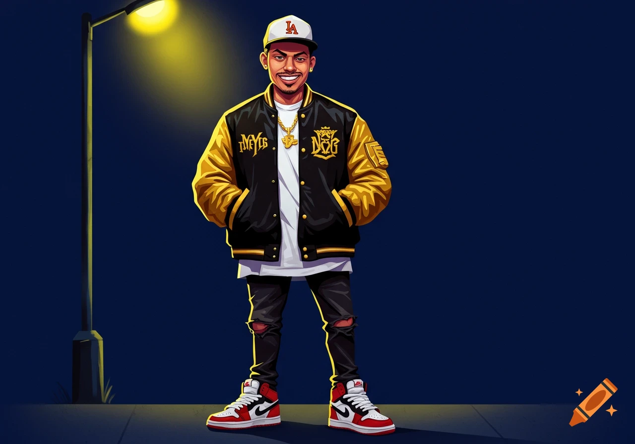 Stylized illustration of a smiling man in a black and gold bomber jacket, ripped jeans, sneakers, and a white baseball cap standing under a street light at night.
