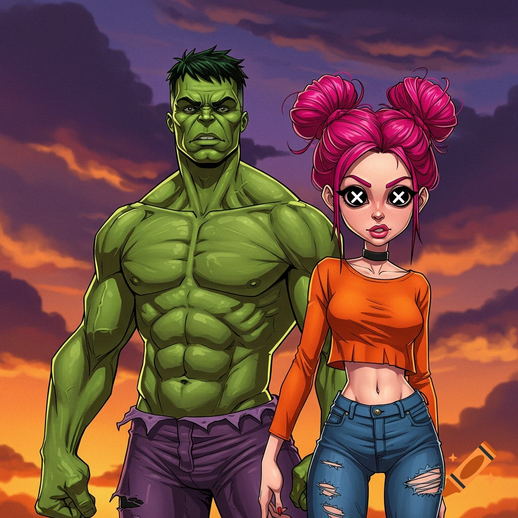 A stylized green Hulk and a woman with pink hair and X's for eyes stand against a sunset sky.