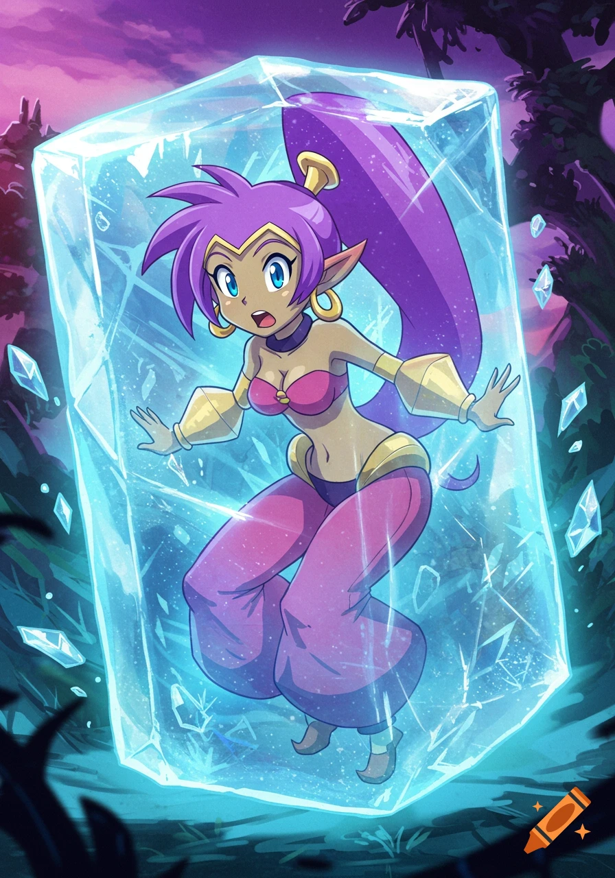 Anime genie character Shantae with purple hair, trapped inside a large glowing ice block in a magical forest, cartoon style.