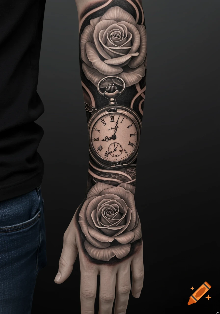 Close-up of a detailed black and grey tattoo on an arm and hand, featuring a pocket watch and two roses.