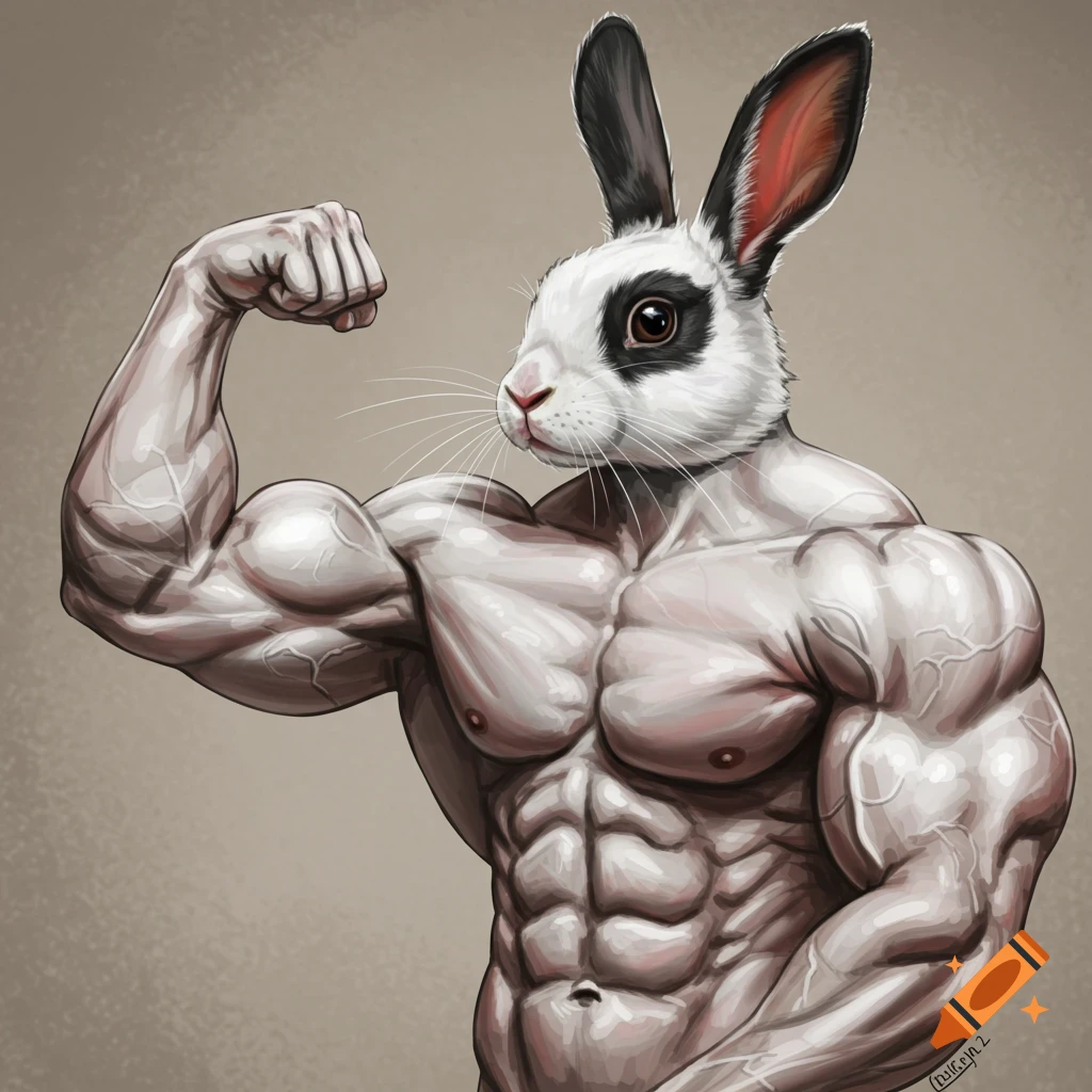 An extremely muscular white and black rabbit flexing its bicep, painted in a detailed, realistic style.