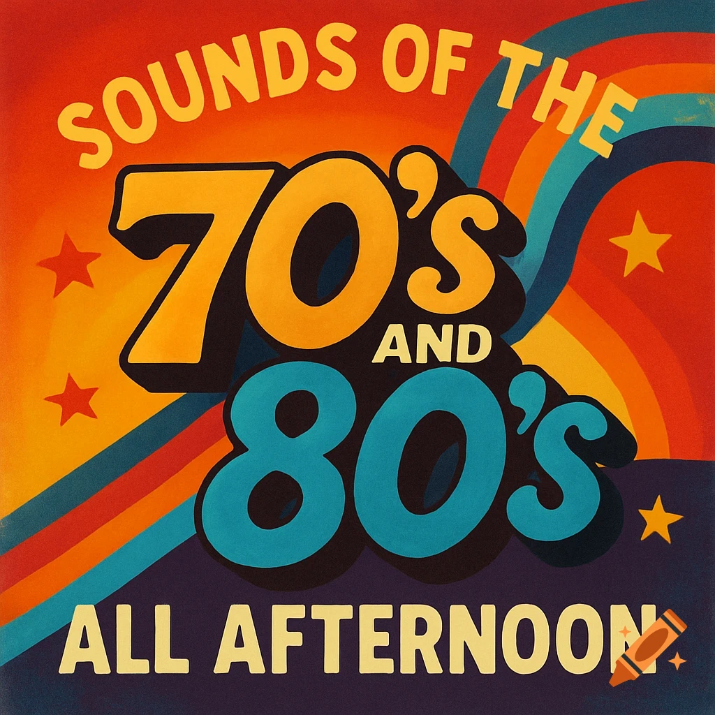 Retro graphic design for 'Sounds of the 70's and 80's All Afternoon' with orange, blue, and yellow text, stars, and rainbow stripes on a red background.