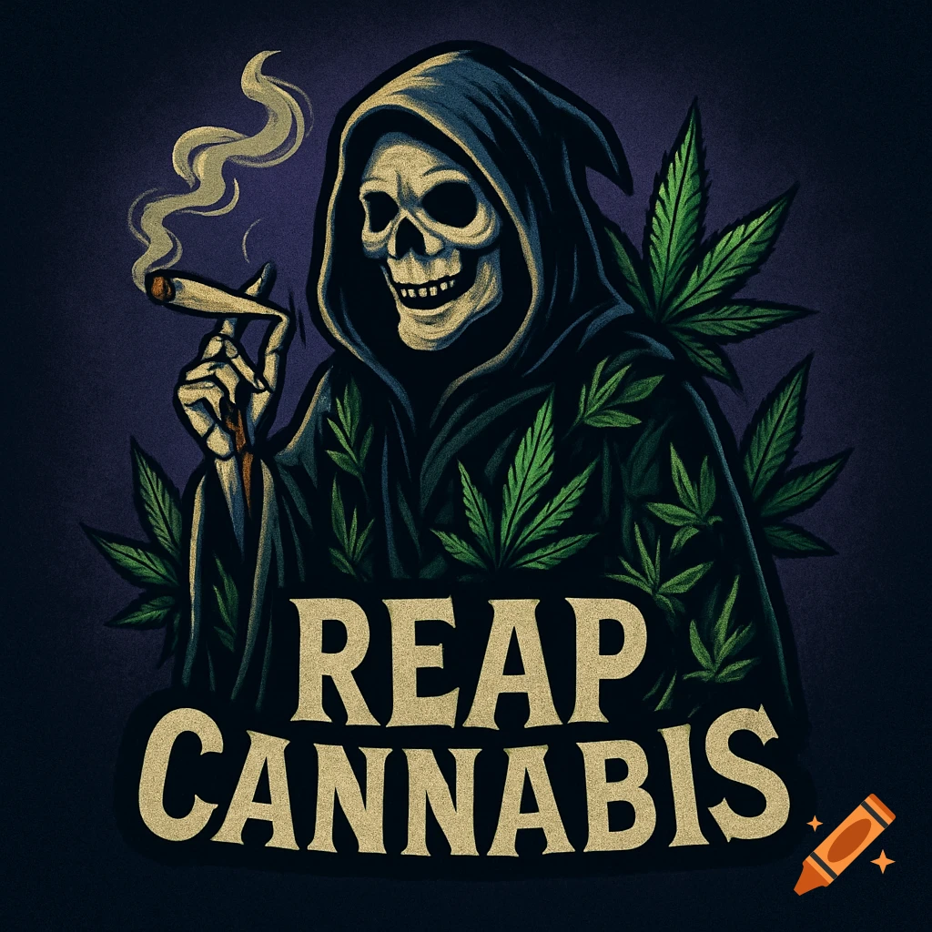 Stylized illustration of a Grim Reaper in a dark cloak covered in cannabis leaves, holding a smoking joint. Text reads 'REAP CANNABIS'.