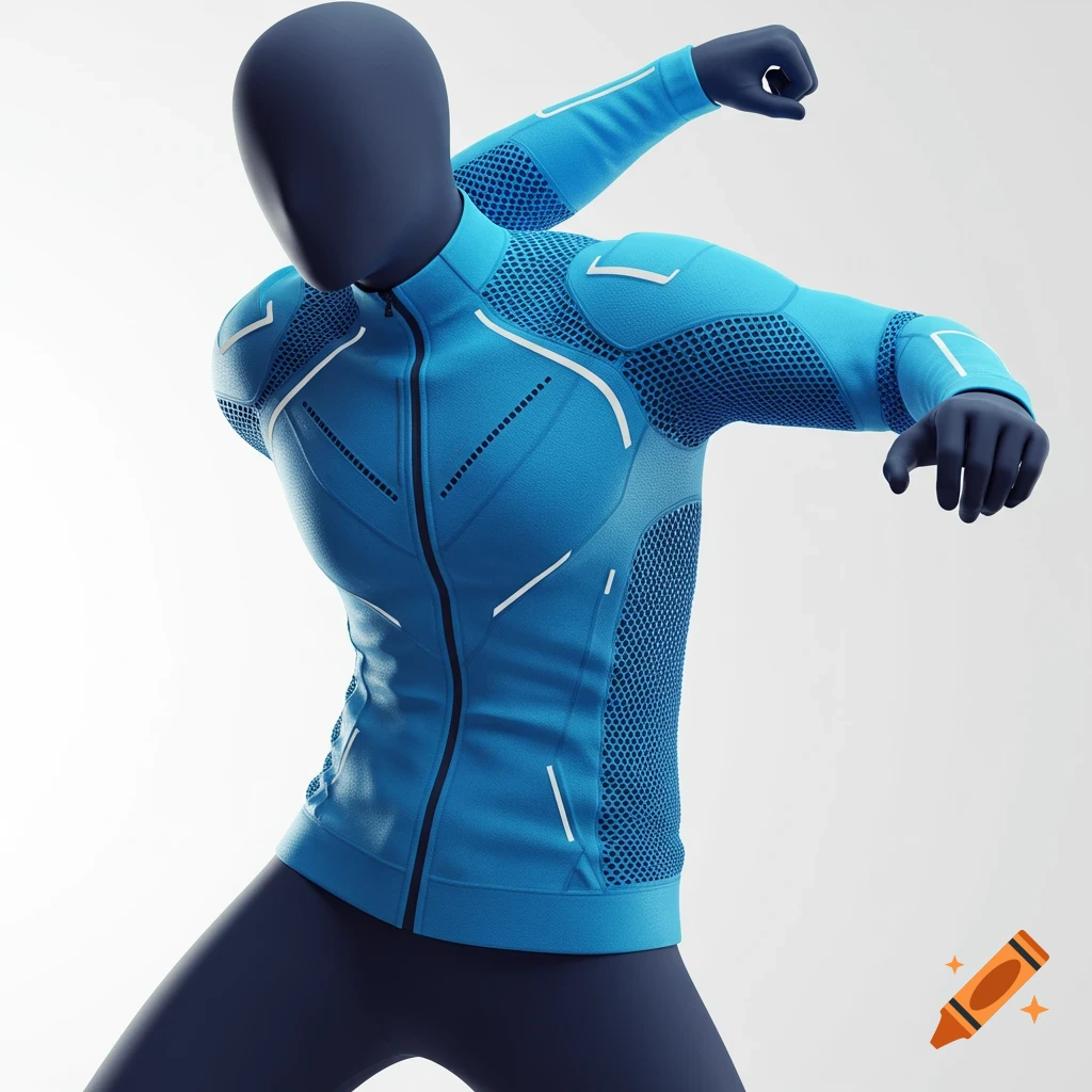 A 3D render of a blue futuristic sportswear jacket with white accents and mesh panels on a dark gray mannequin against a white background.