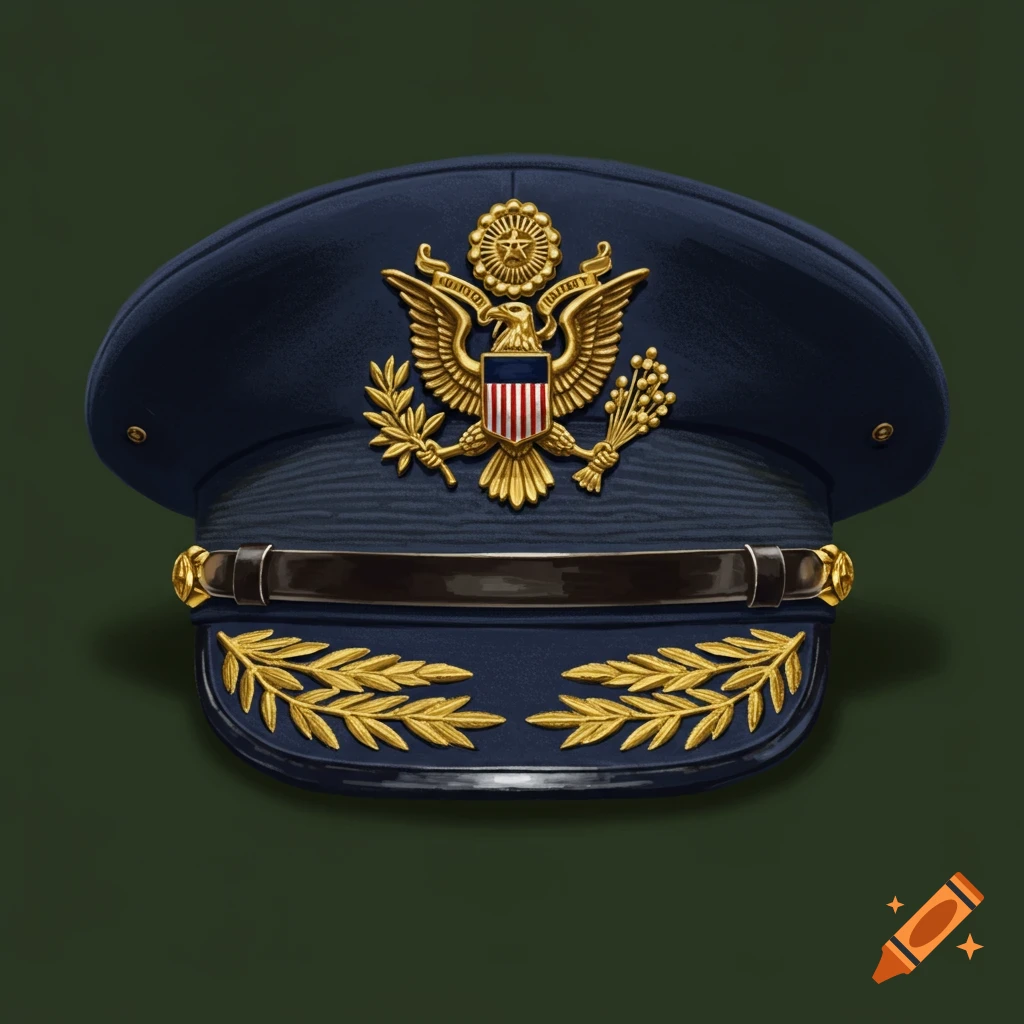 A dark blue US military general's cap with a prominent golden eagle emblem and laurel leaves on a dark green background.