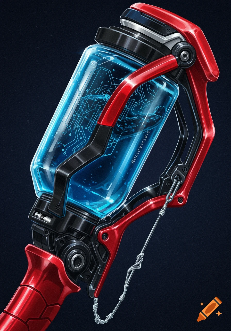 A detailed red and black sci-fi web shooter device with a glowing blue liquid container and internal circuit patterns.
