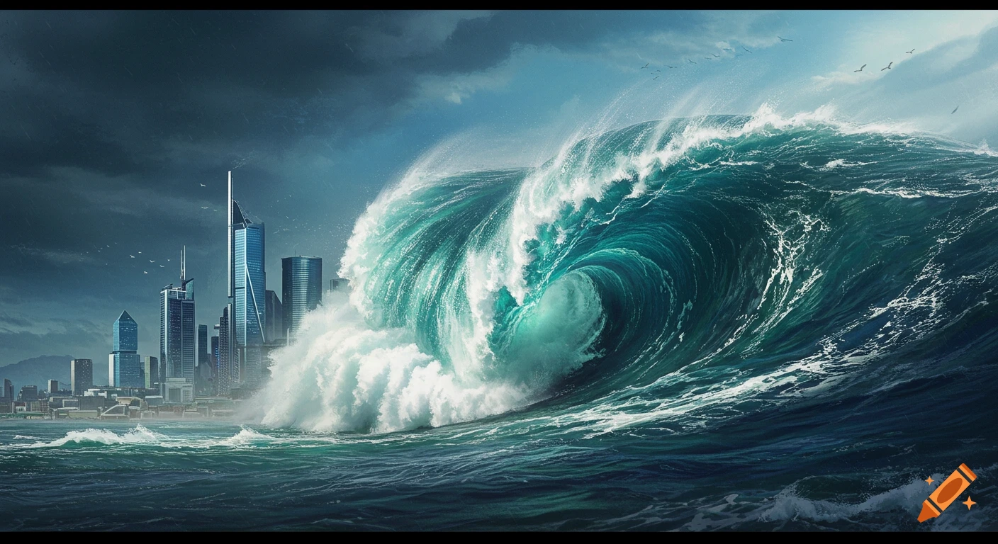 A massive turquoise wave crashes over a modern city skyline with tall buildings under a dramatic, stormy sky.