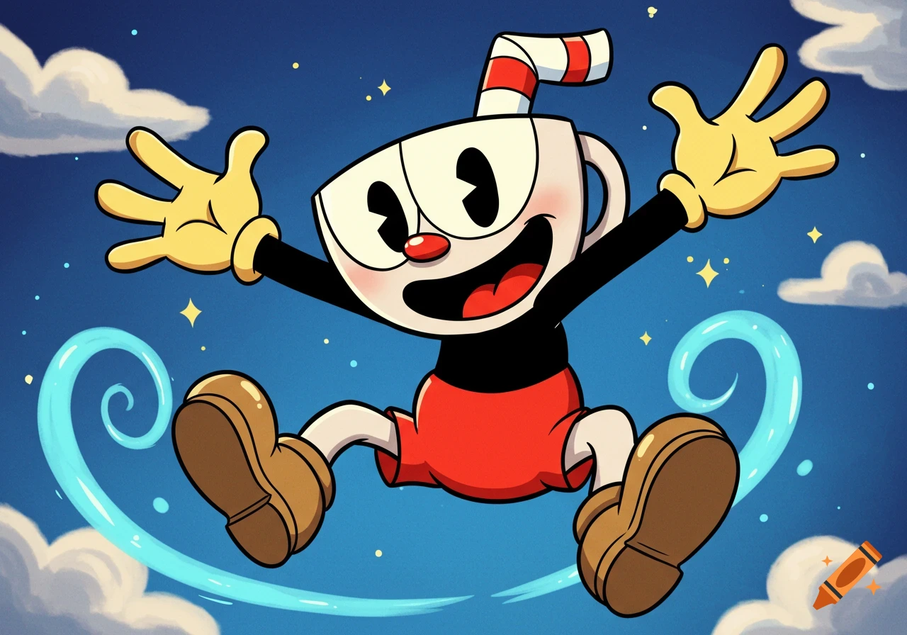 The cartoon character Cuphead jumps excitedly in a blue sky with clouds and sparkling effects.