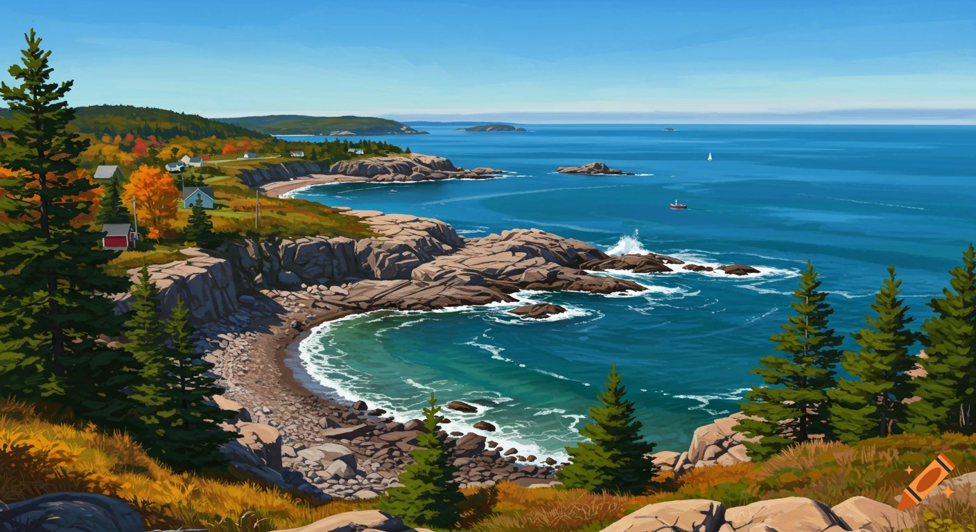 Stylized illustration of a vibrant rocky coastline with houses, autumn trees, and boats on the blue ocean.
