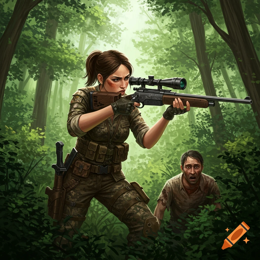 A female hunter in camouflage aims a rifle through a scope, while a man cowers in the bushes in a dense forest.
