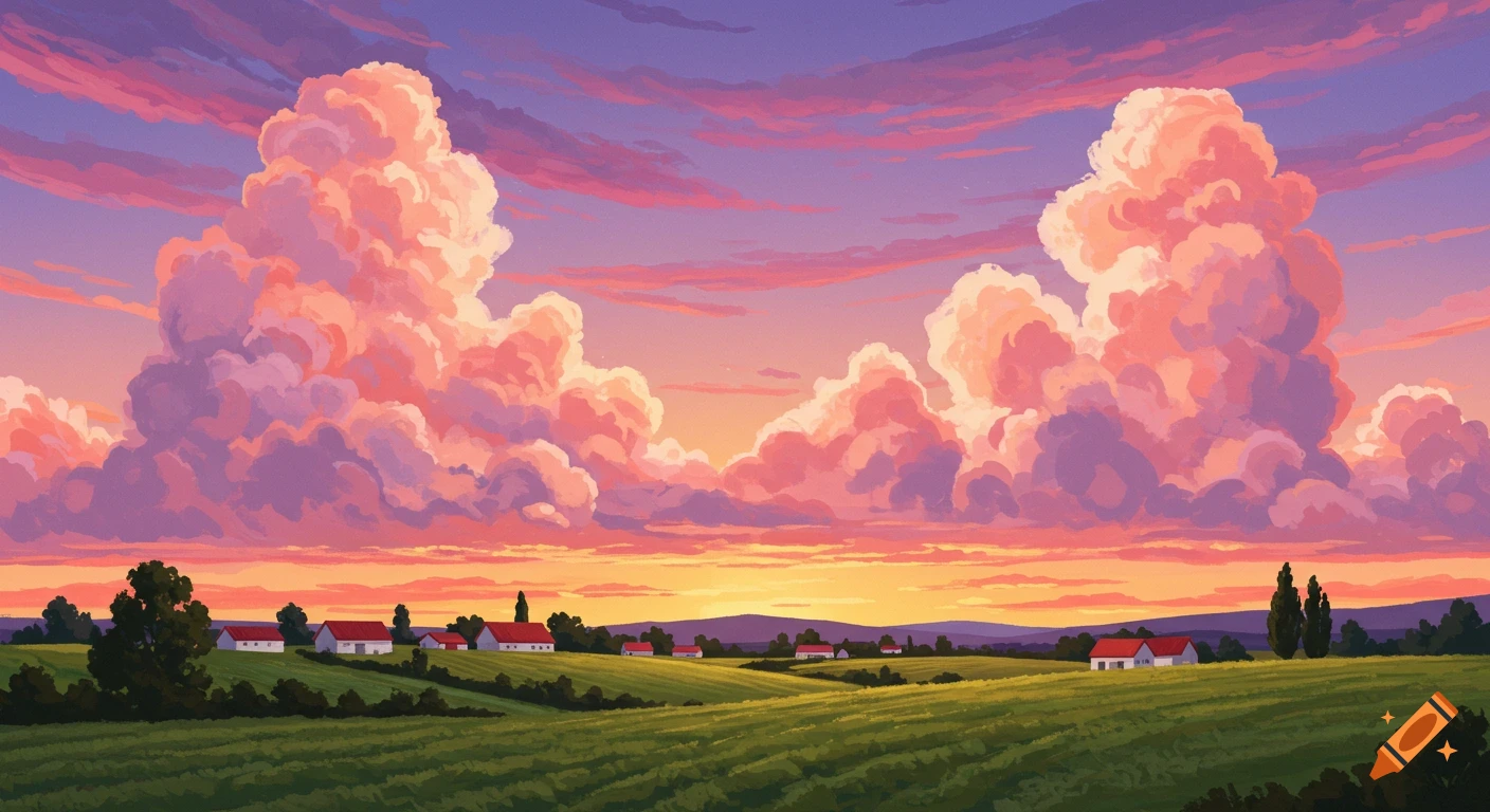 Stylized digital painting of a rural landscape at sunset with green fields, small houses, and large, colorful clouds.