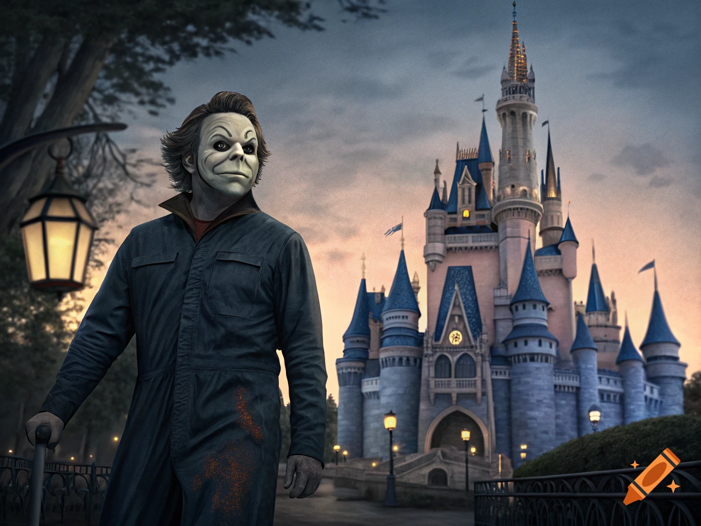 Michael Myers in a clown-like mask and dark jumpsuit stands in front of a fantastical Disney-like castle at dusk.