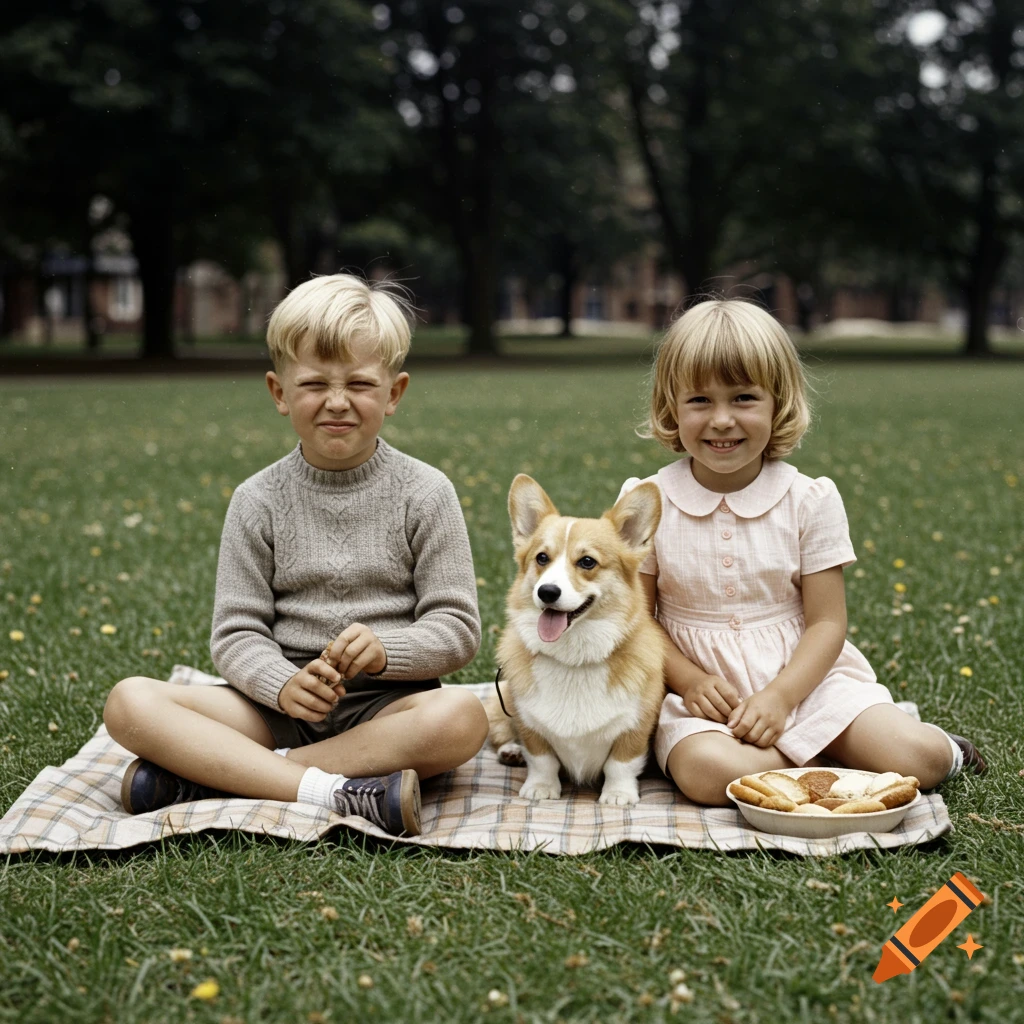 A vintage photo of a boy and a girl with a corgi dog on a picnic blanket in a park, with the boy squinting and the girl smiling.