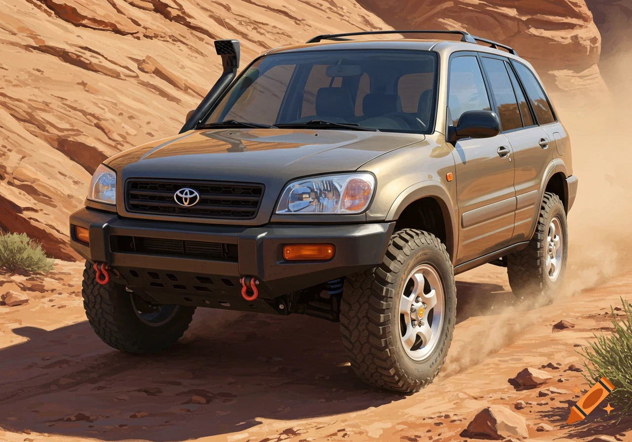 A gold SUV with an off-road bumper and snorkel drives through a dusty desert landscape with rock formations.