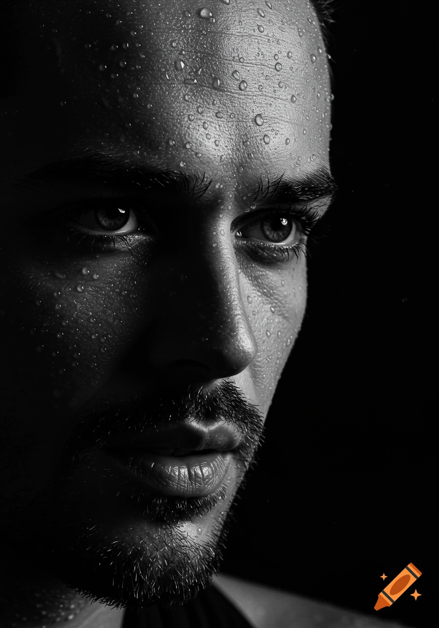 Close-up black and white portrait of a man with water droplets on his face, featuring dramatic lighting.