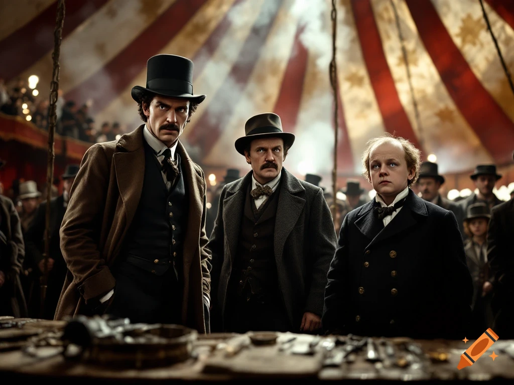 Three serious men in period attire, including one in a top hat, stand inside a dimly lit circus tent.