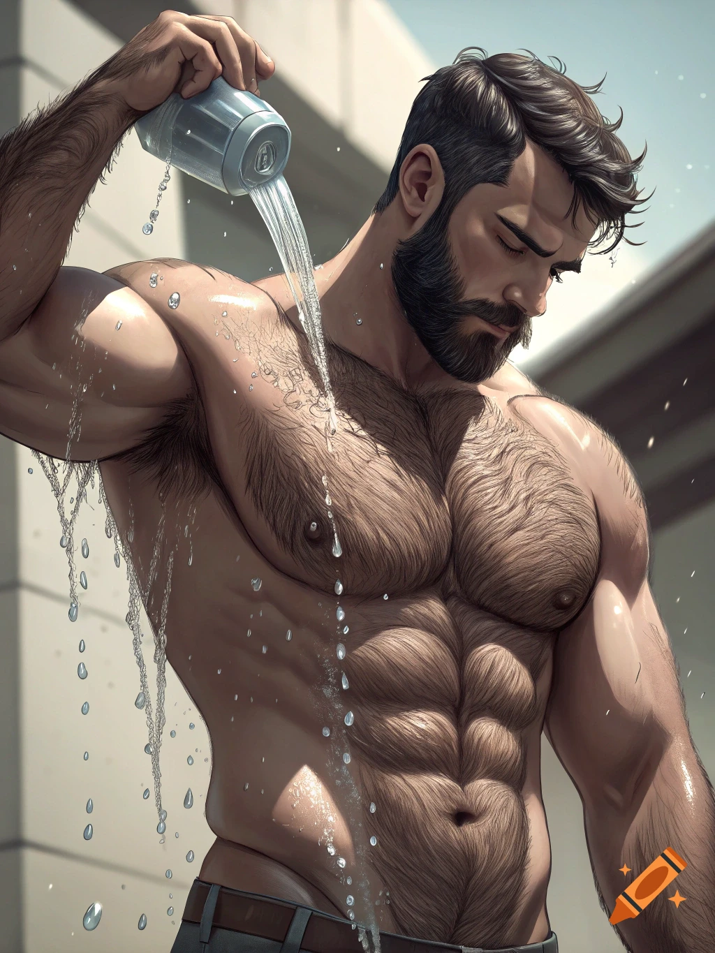 A muscular, bearded man with a hairy chest pours water over his body, outdoors under a sunny sky.