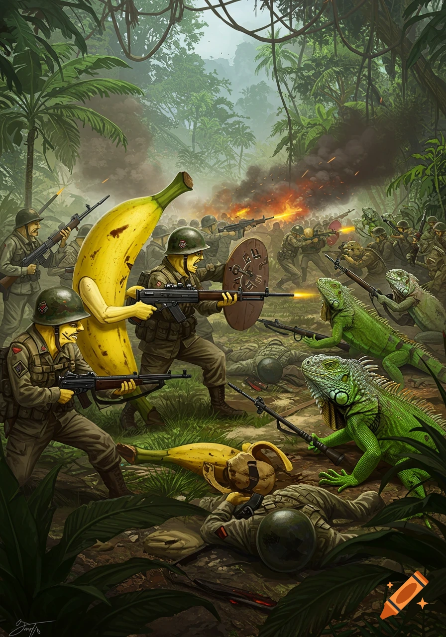 An anthropomorphic banana army fights an iguana army with guns in a detailed, illustrative jungle battle scene.