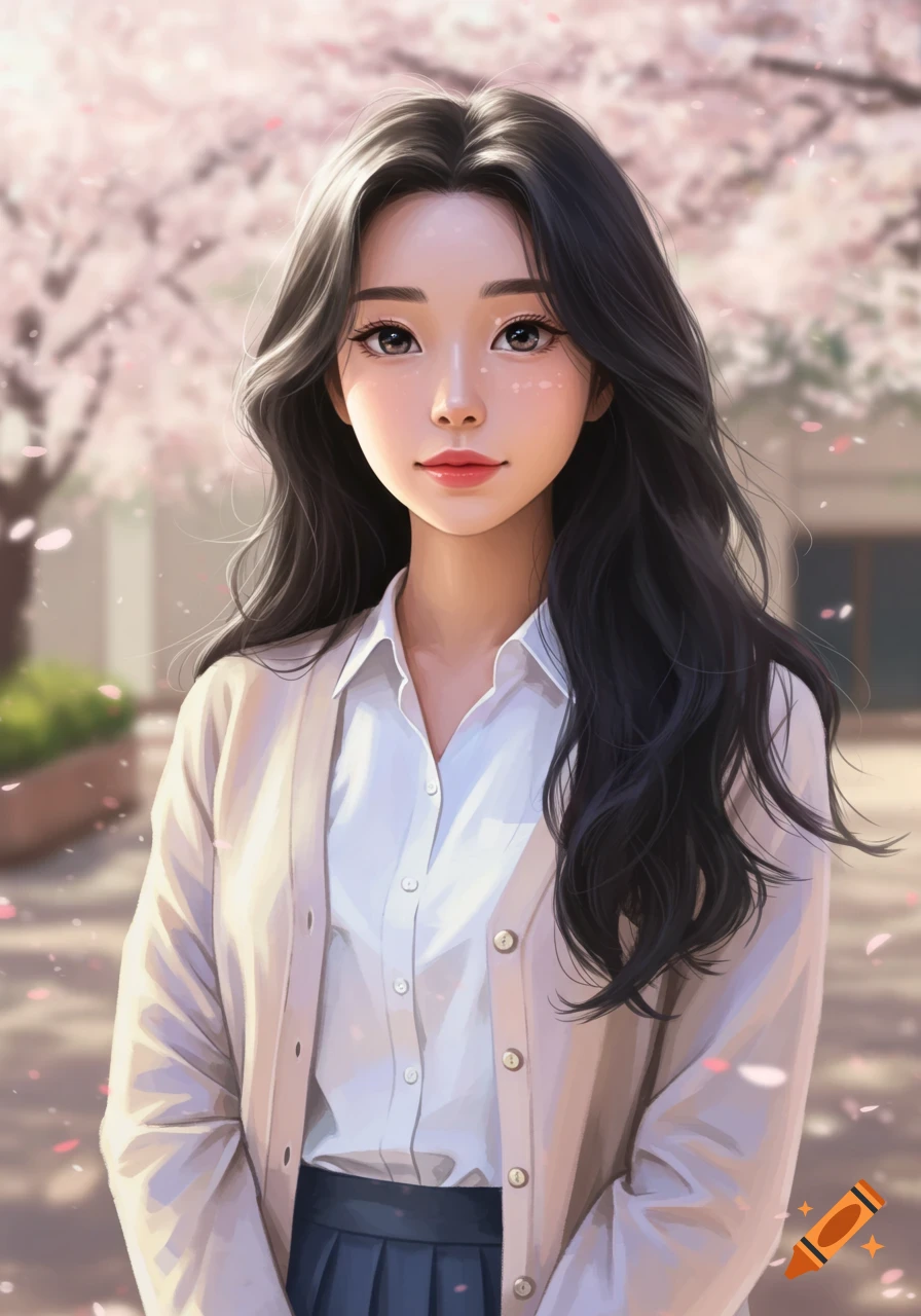 A smiling young Asian woman with long black wavy hair wears a white blouse and beige cardigan, standing among pink cherry blossoms.