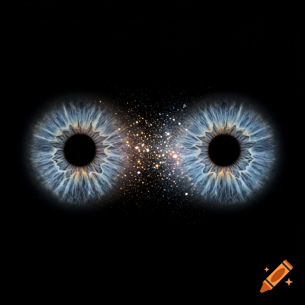 Two detailed blue irises with a golden stardust explosion between them on a black background, in a hyper-realistic, surreal style.