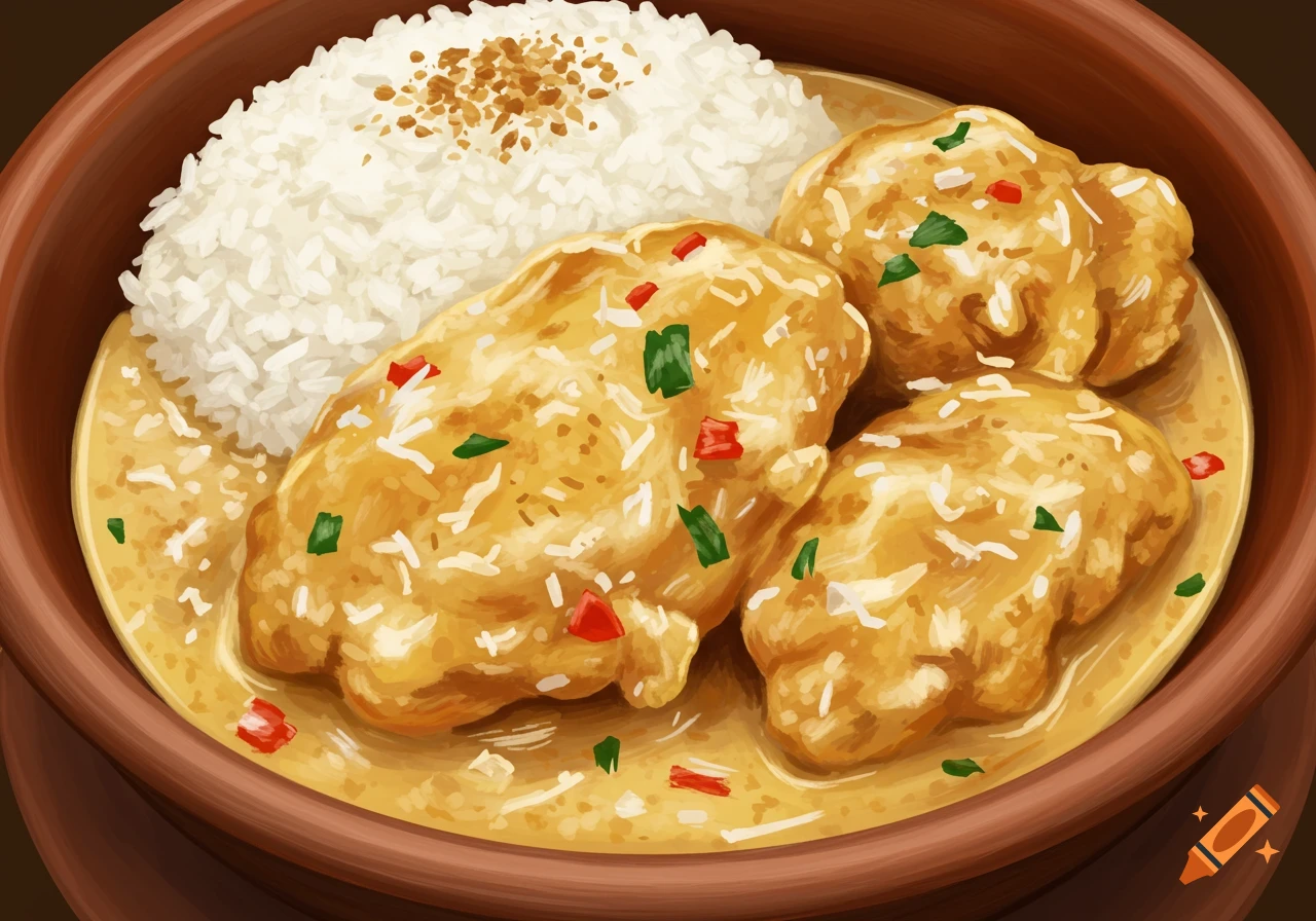 Illustrative close-up of three pieces of coconut chicken with rice in a brown bowl.