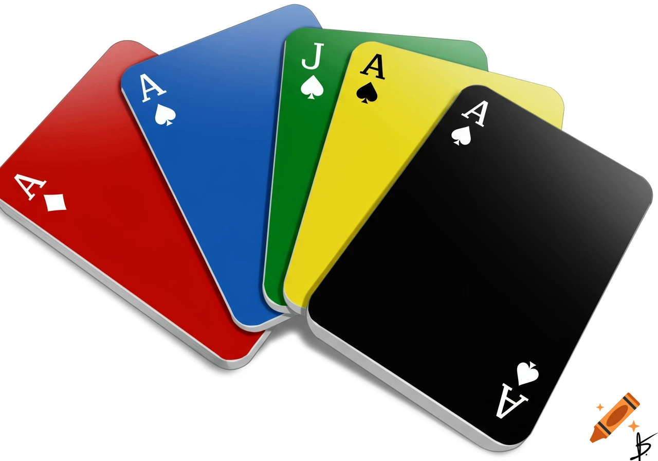 Five brightly colored playing cards (red, blue, green, yellow, black) fanned out on a white background.