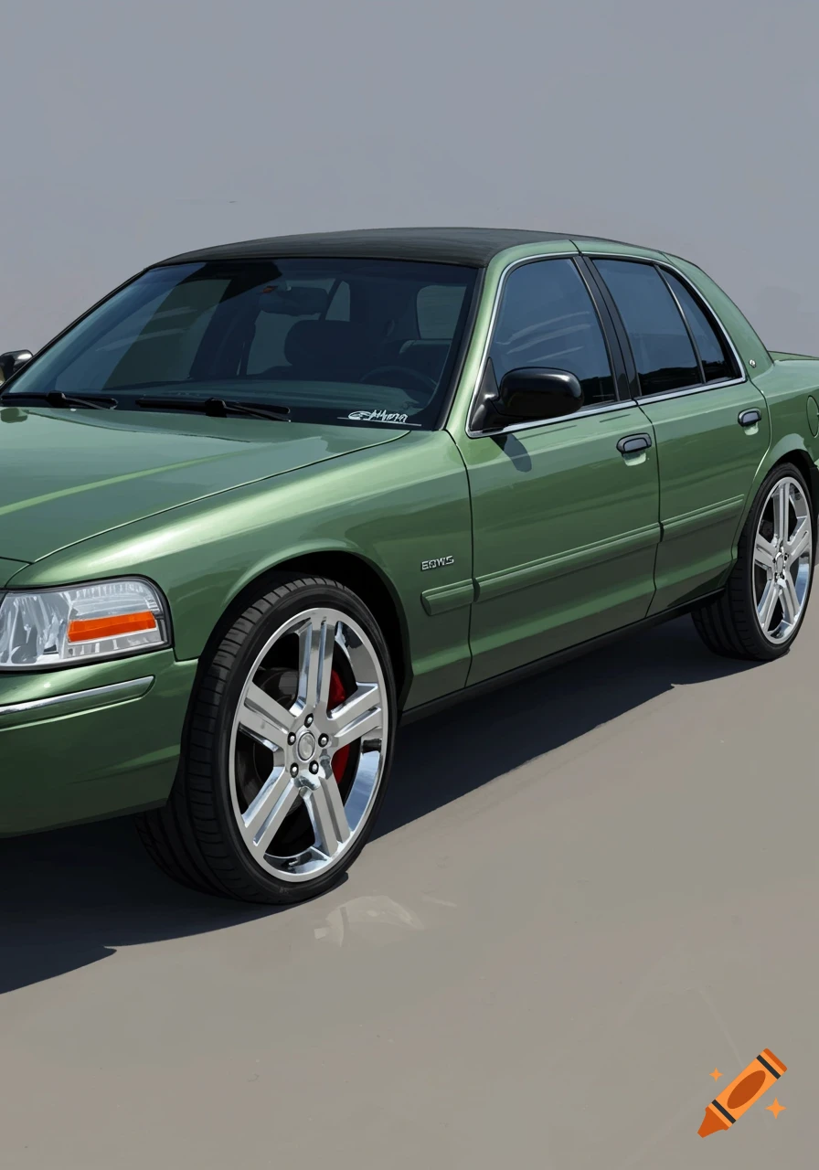 A close-up, eye-level view of a green and black 2000s Ford Crown Victoria with large chrome rims, red brake calipers, and tinted windows, parked on a light grey surface.