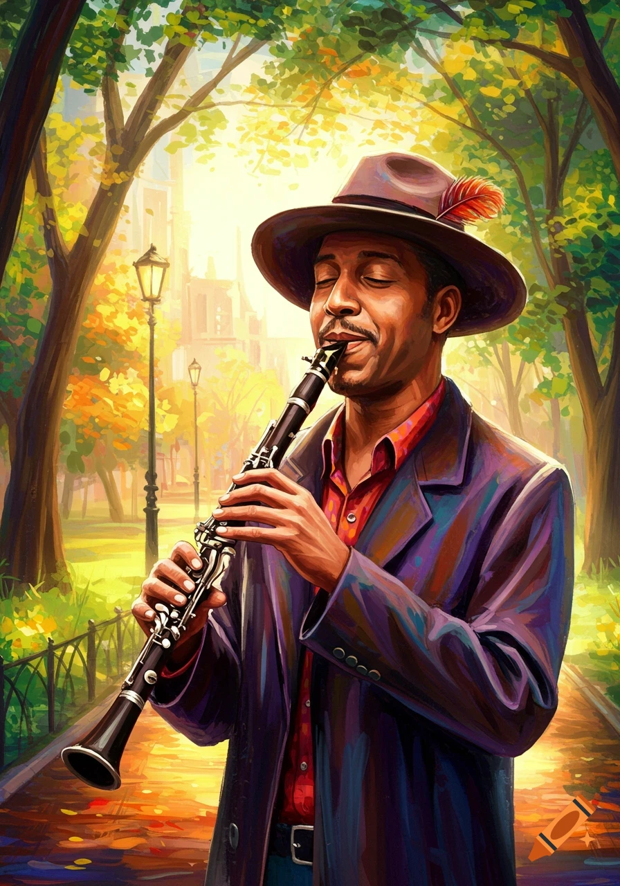 A man in a hat plays a clarinet in a sunlit park, rendered in a vibrant painterly style.