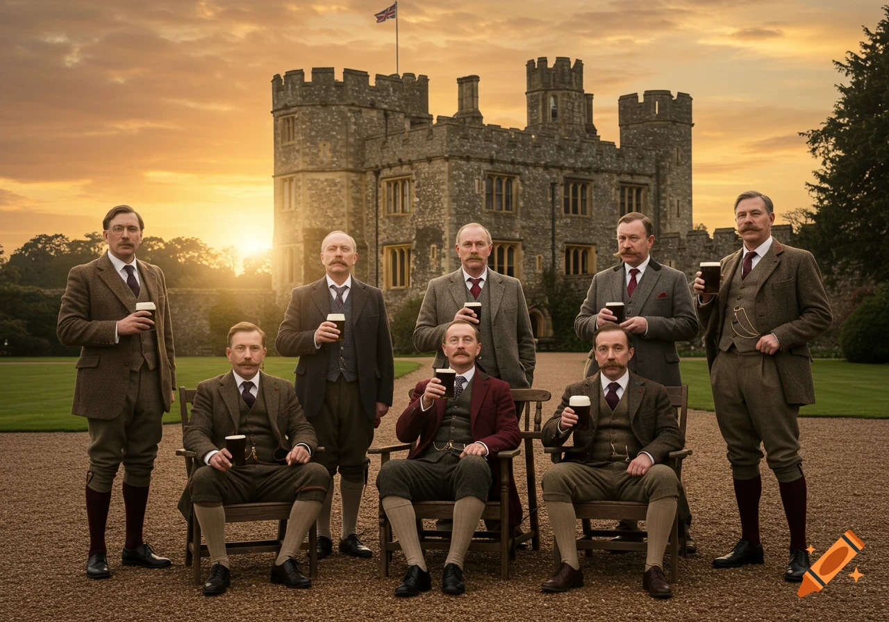 Eight men in traditional British attire hold pints of beer in front of an English castle at sunset. Photorealistic.