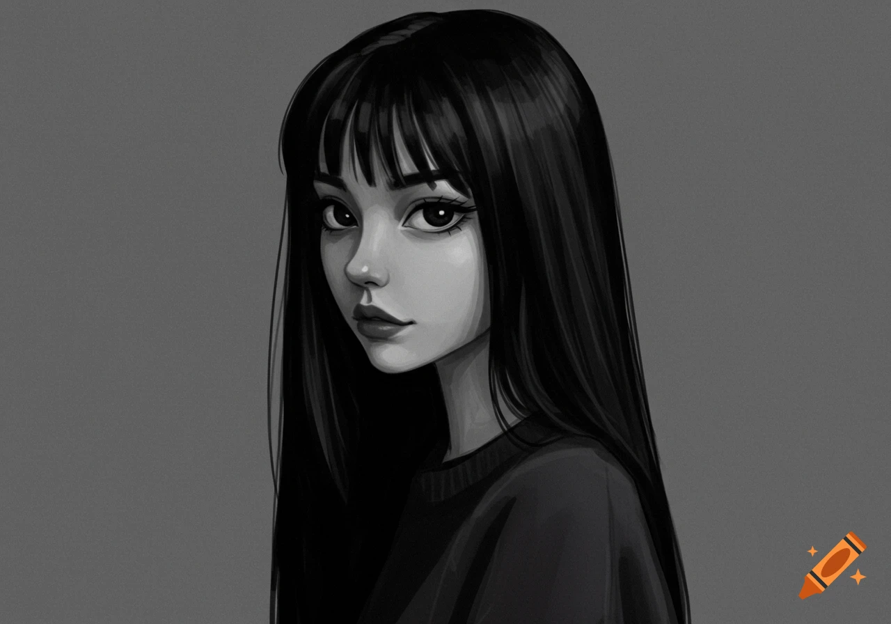 A stylized grayscale drawing of a girl with long black hair and bangs, looking slightly to the side.