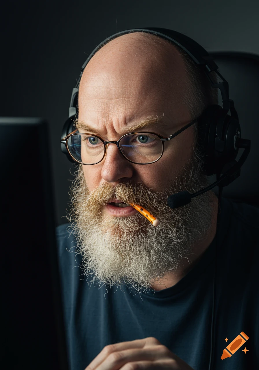Close-up, hyper-realistic portrait of a balding man with a large beard and headphones, intently looking at a computer screen. He has a snack stick in his mouth and an intense expression.