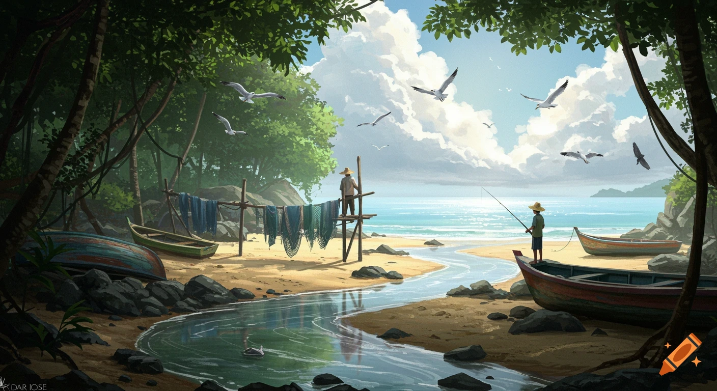 Detailed painting of a jungle stream flowing onto a sandy beach where two people are fishing and drying nets near boats.
