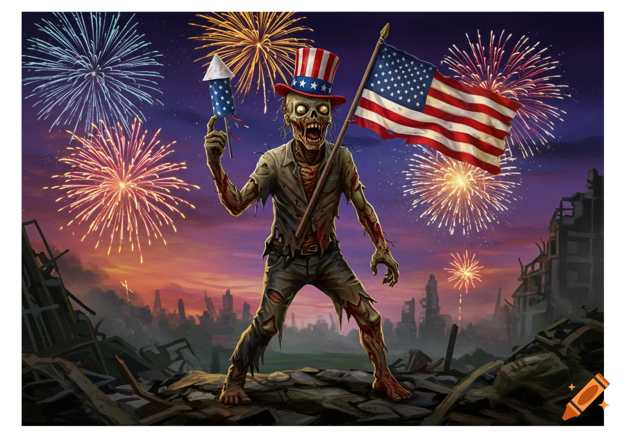 A zombie in a US flag top hat holds a firework and an American flag amidst city ruins under a sky lit by fireworks.