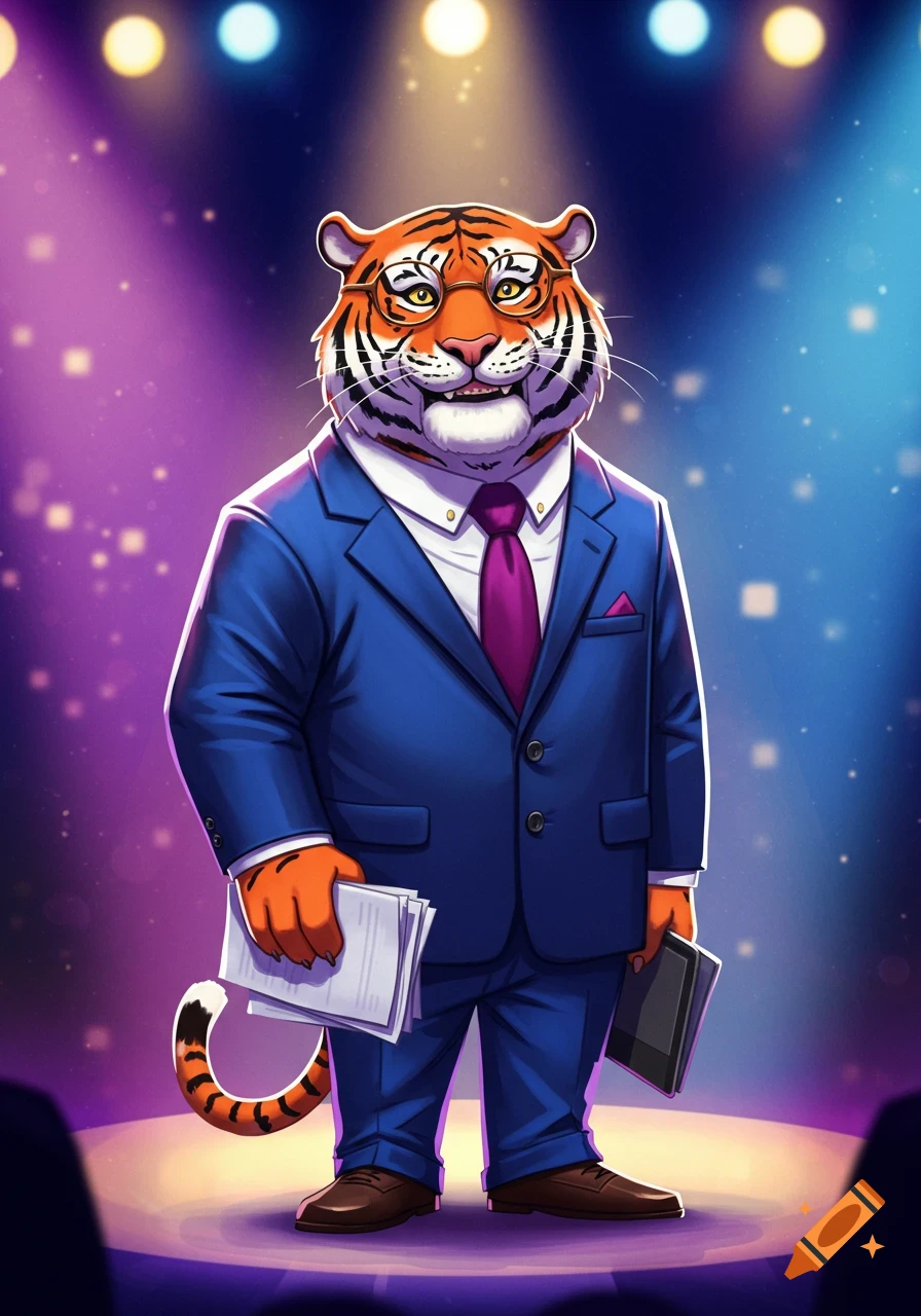 A cartoon tiger wearing a blue suit and glasses, holding papers and a tablet, standing on a stage lit by spotlights.