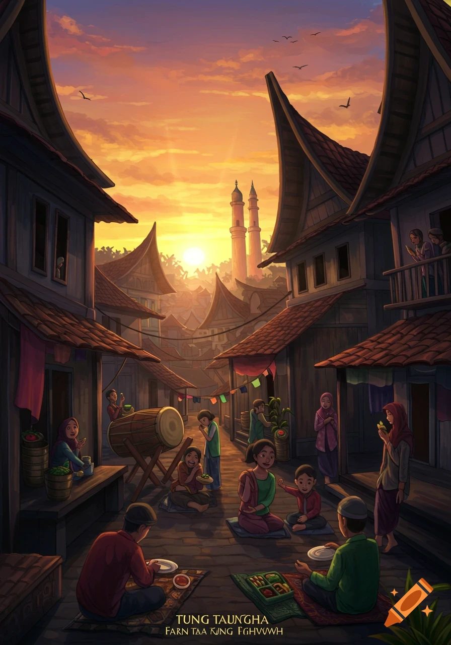 A vibrant illustration of a Southeast Asian village at sunset, with people gathering among traditional houses and a mosque in the background.