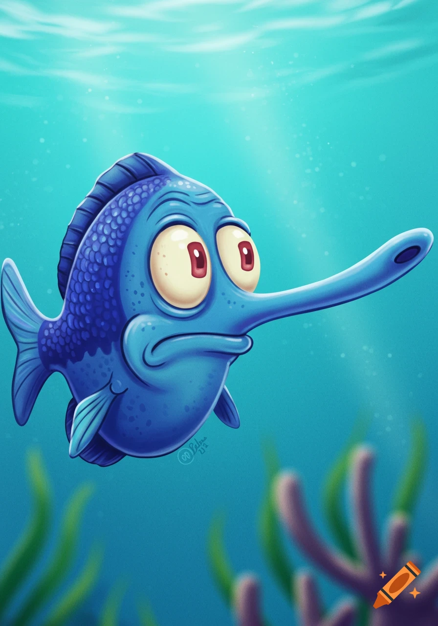 A blue cartoon fish with large, red-irised eyes and a long, pointed nose swims in clear blue water, with plants visible below.