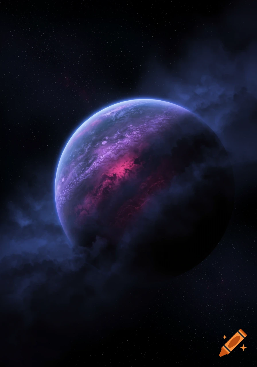 A dark purple and blue planet surrounded by dark, misty clouds in a star-filled space.