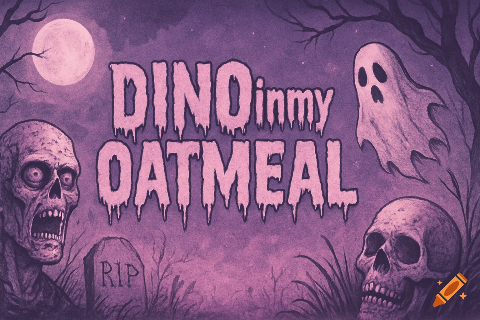 A purple and pink horror illustration featuring a zombie, a skull, a ghost, a full moon, and the text 'DINOinmyOATMEAL'.